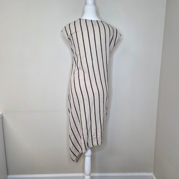 Tahari Striped Asymmetrical Midi Dress Linen Viscose Beige Black Size S - Picture 4 of 7
